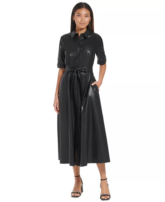 Calvin Klein Women's Faux Leather Button Front Shirtdress & Reviews - Dresses - Women - Macy's | Macys (US)