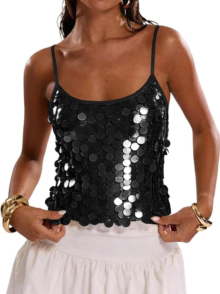 Women's Sparkly Sequin Tops Glitter Shiny Tank Top Going Out Spaghetti Strap Y2k Rave Tops Night ... | Amazon (US)
