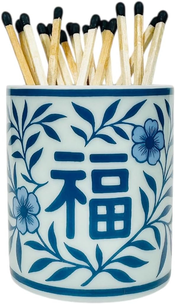 Hapton House Chinoiserie Long Match Holder with Striker – Tall Design for 3", 4", 5" Matches – Rare Vintage Style Soft Blue Porcelain with Cobalt Chinoiserie Patterns – MATCHES NOT INCLUDED (Style A) | Amazon (US)
