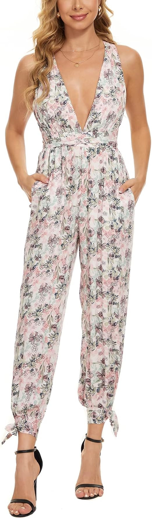 BELONGSCI Women Outfit Sleeveless Shoulder Bandage Waistband Sexy V-Neck Wide Leg Long Jumpsuit w... | Amazon (US)