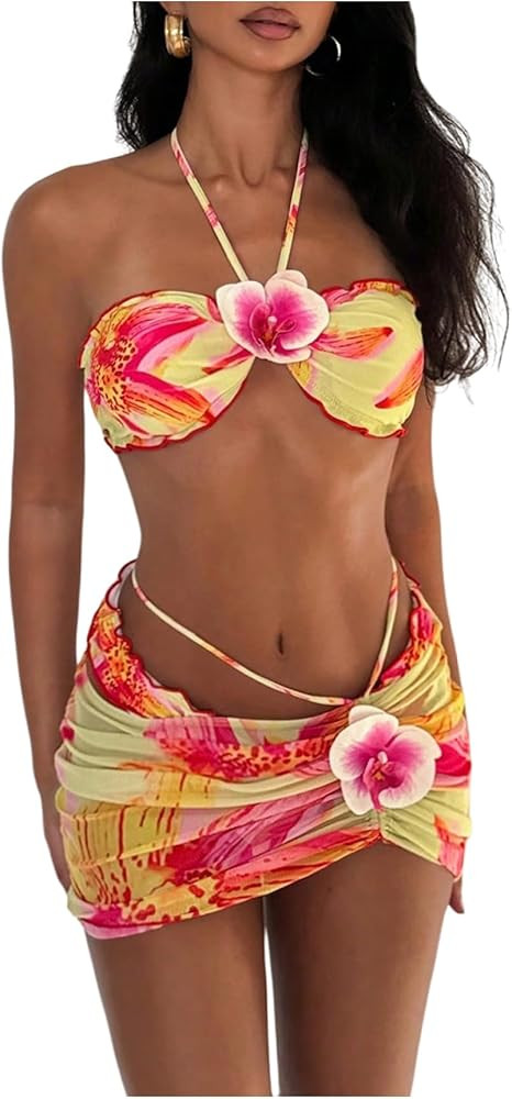 SOLY HUX Women's 3 Piece Swimsuit Floral Halter Bikini Set Beach Vacation Bathing Suit with Draws... | Amazon (US)