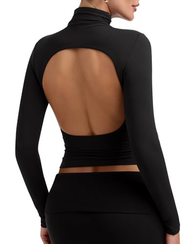 PINKMSTYLE Womens Open Back Turtleneck Long Sleeve Top Ruched Double Lined Shirts Going Out Outfits 2025 Black Large | Amazon (US)