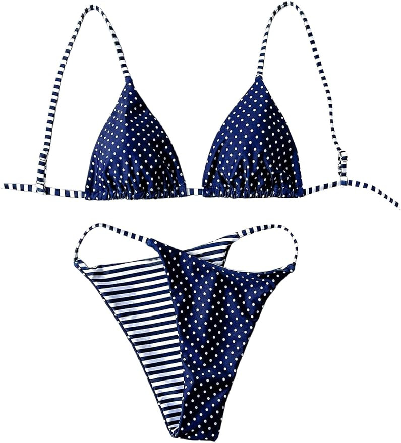WDIRARA Women's Polka Dots Striped Bikini Set Triangle Swimsuit Two Piece Bathing Suit | Amazon (US)