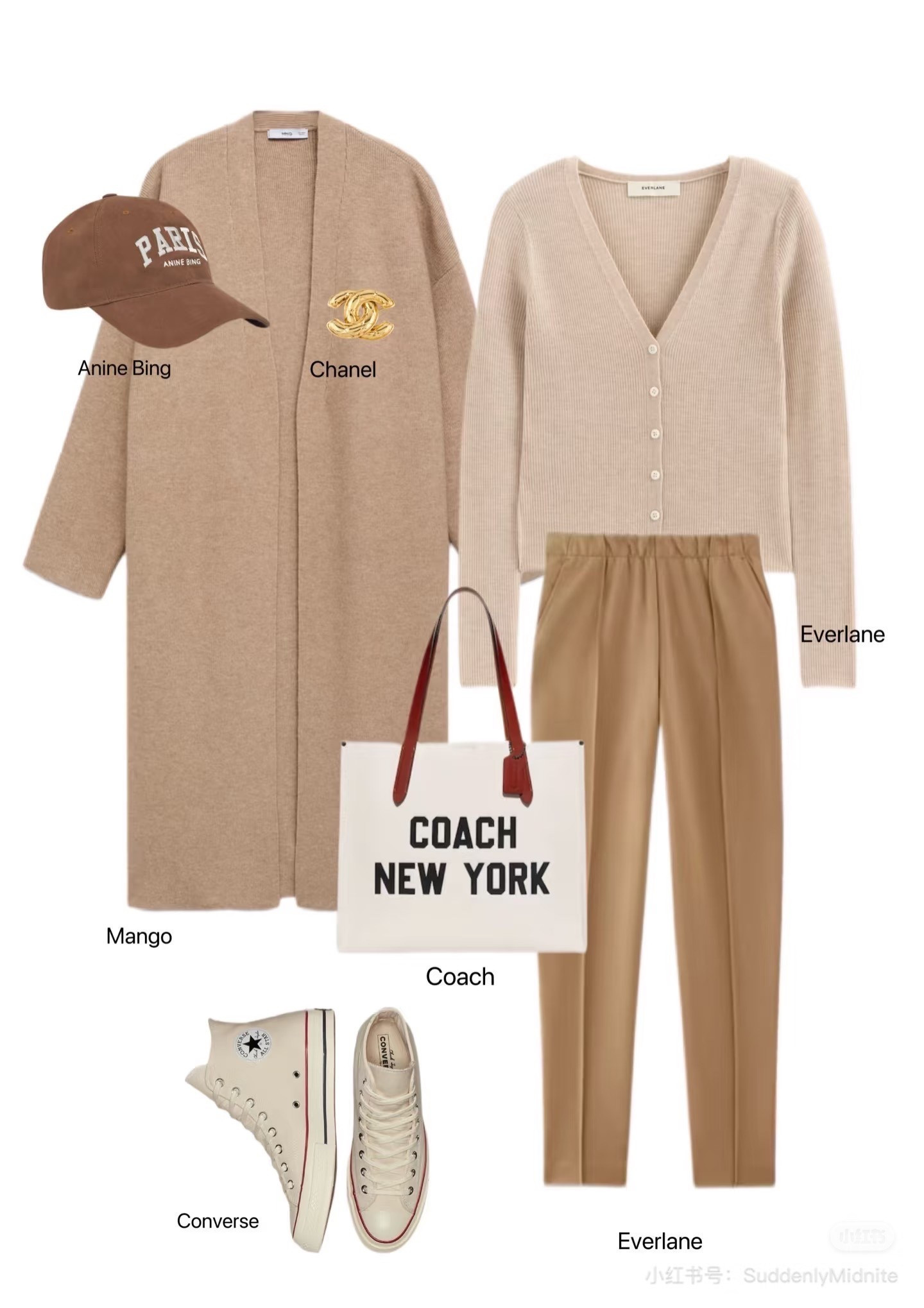 ✨ Neutral Latte Tones OOTD ✨
Perfect for cozy autumn days 🍂☕

This look mixes warm beige and camel shades with timeless classics:
🤎 Knit cardigan – Everlane
🤎 Long coat – Mango
🤎 Paris cap – Anine Bing
🤎 Trousers – Everlane
🤎 Sneakers – Converse
🤎 Tote bag – Coach
✨ Pin – Chanel

Effortless, chic, and perfect for fall strolls, coffee runs, or casual weekends.
Neutral tones never go out of style! 🌟

#OOTD #FallOutfit #LTKStyle #NeutralFashion #CasualChic

