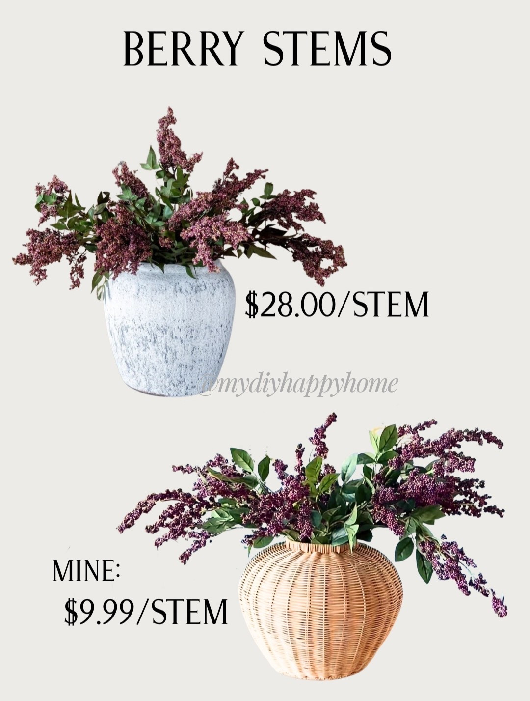 LOOK FOR LESS: Berry stems 

$9.99 per stem vs. $28.00 per stem 

#LTKSeasonal #LTKSaleAlert #LTKFindsUnder50