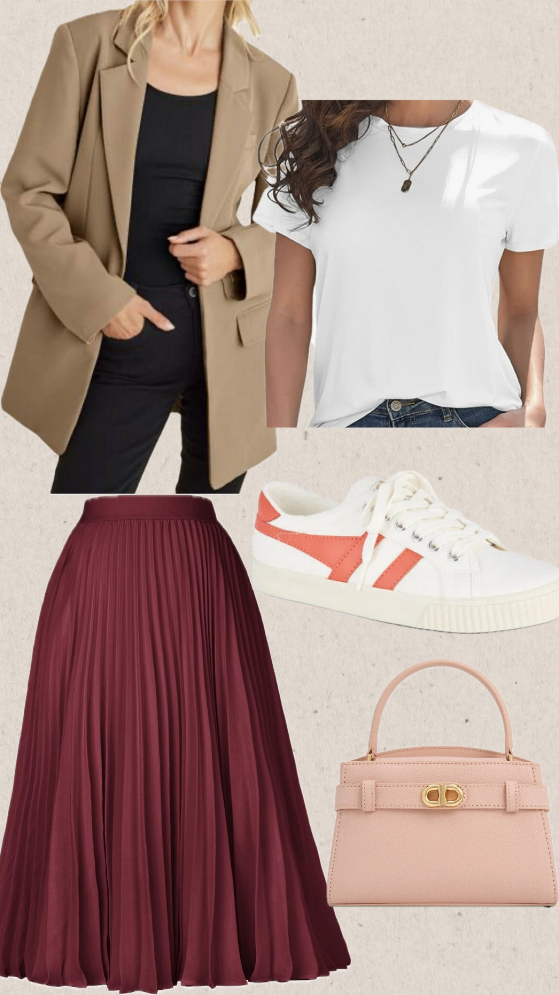 A stylish and versatile outfit for spring to fall. Pair the classic white t-shirt with a maroon pleated midi skirt for a chic contrast of colors and textures. Add a touch of casual charm with white sneakers for comfort and practicality. Elevate the look with a pink purse to introduce a pop of color and tie the outfit together. This ensemble strikes the perfect balance between casual and polished, making it ideal for various occasions, from brunch dates to shopping outings.

#LTKstyletip