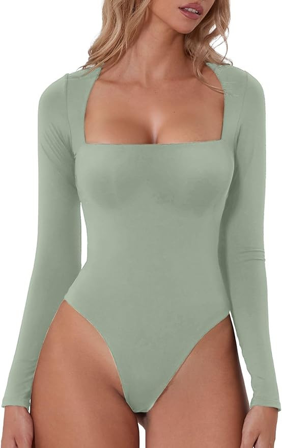 QINSEN Women's Sexy Square Neck Bodysuit Long Sleeve Double Lined Shirt Tops | Amazon (US)