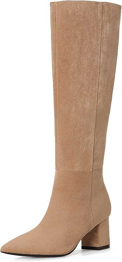 IDIFU Women's Knee High Tall Boots Low Chunky Heel Pointed Toe Boots | Amazon (US)
