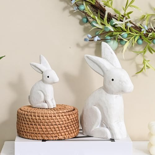 Easter Bunnies Decor Wood Bunny Figurine 2 pcs Vintage White Easter Rabbit Figurines Bunny Decora... | Amazon (US)