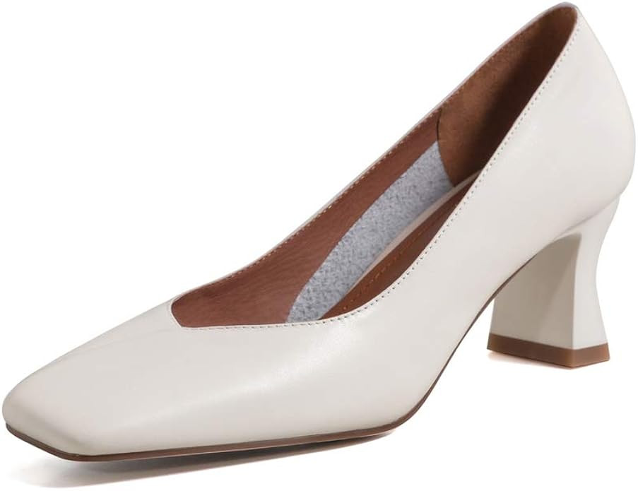 TinaCus Genuine Leather Handmade Women's Square Toe Unique Mid Heel Slip On Comfortable Pumps | Amazon (US)