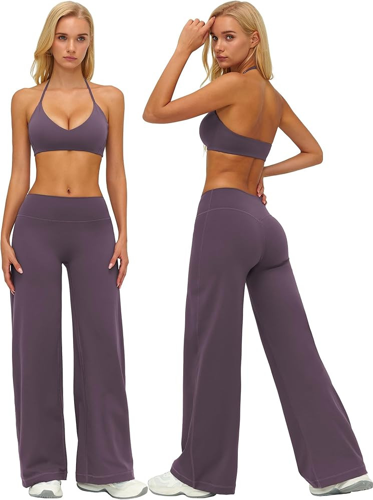 ABOCIW Two Piece Workout Sets for Women V Neck Halter Sports Bra Straight Leg Yoga Pants Gym Pila... | Amazon (US)