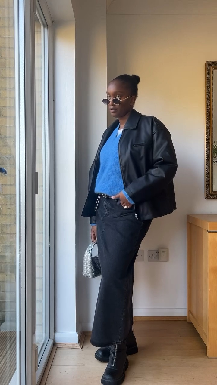 day 12/30 💙 and this is how I’m layering for fall with @rails - not so neutral - Jodie Jumper to bring some colour to the all black row dupe boots and bomber jacket combination! 

jumper @rails 
skirt @madewell 
boots @charleskeithofficial 
jacket @4thandreckless 
bag @mzwallacenyc 
belt @mango 

includes pr / products from previous partnerships 

audio @jelesikaa 

outfit layering , autumn outfit, autumn layering , autumn outfit, denim skirt, leather jacket, rails, wool jumper, chunky boots, all black outfit #rails #modestoutfitideas #layering #layeringclothing #autumnlayering #autumnoutfits #stylingreel #falloutfitideas #minimalstyledaily #wooljumper #chunkyboots