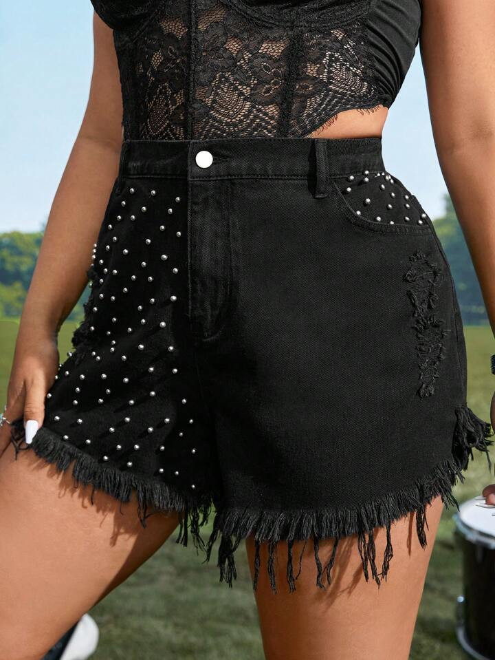 SHEIN ICON Plus Studded Detail Raw Hem Denim Shorts | SHEIN