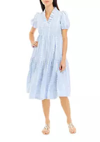 Crown & Ivy™ Women's Short Sleeve Ruffle Neck Yarn Dyed Midi Dress | Belk