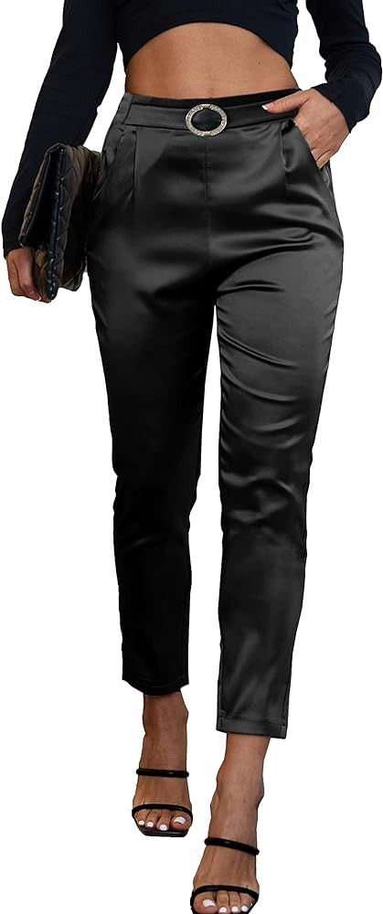 Women's Satin Pants Dress Casual Party Wedding Night Pull on High Waist Pants | Amazon (US)