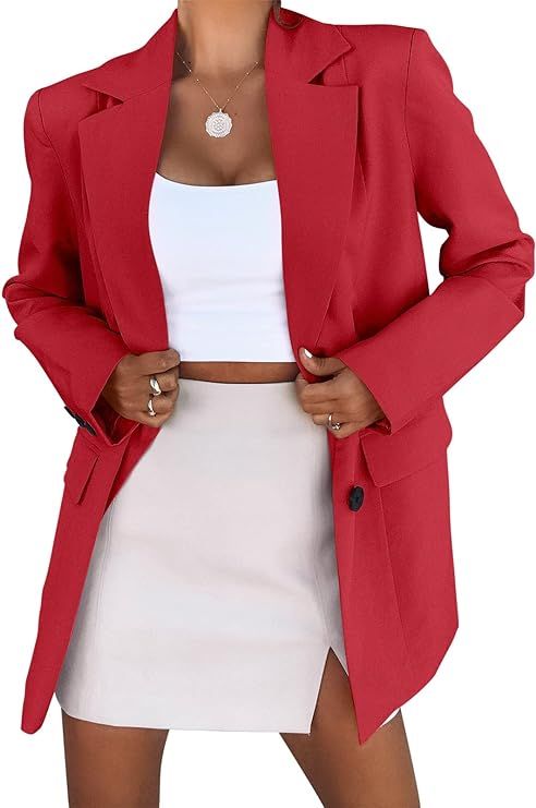 ANRABESS Women's Casual Button Long Sleeve Lapel Open Front Pad Shoulder Office Blazer Jacket Wor... | Amazon (US)