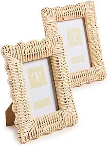 Two's Company 2-Piece 7x9 and 8x10 Rattan Photo Frame Set, Hand Woven Wicker Weave Natural Wood R... | Amazon (US)