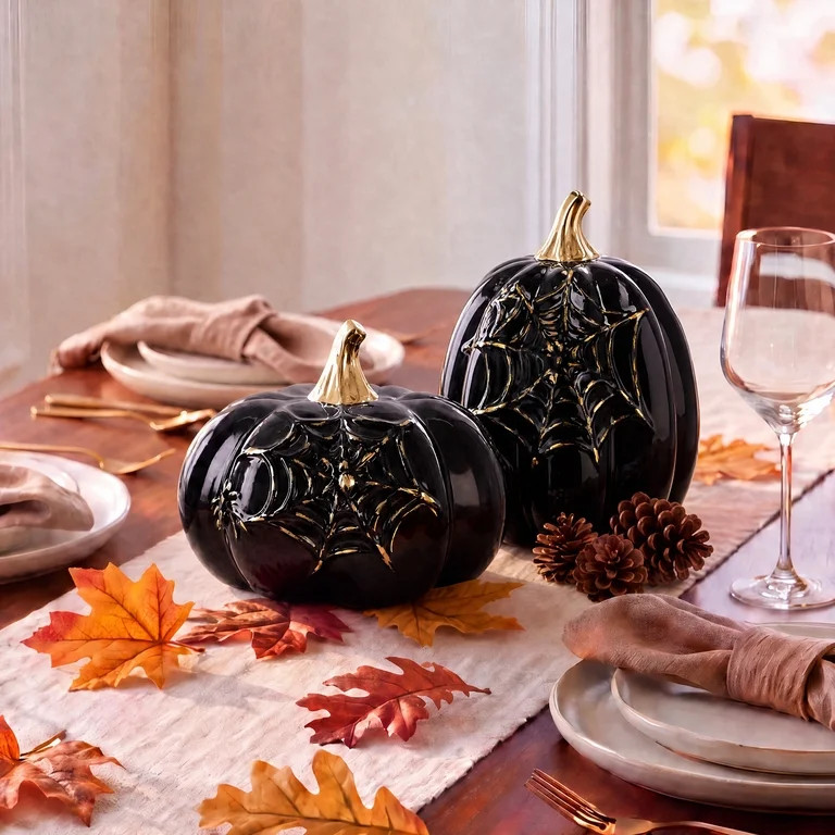 My Texas House Halloween Small Stoneware Spiderweb Pumpkin Tabletop Decoration, Black and Gold, 5... | Walmart (US)