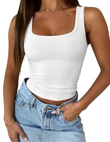 Cioatin Women Sleeveless Strappy U Scoop Neck Crop Tank Tops Y2K Ribbed Tight Fit Summer Workout Going Out Cami Shirt White | Amazon (US)