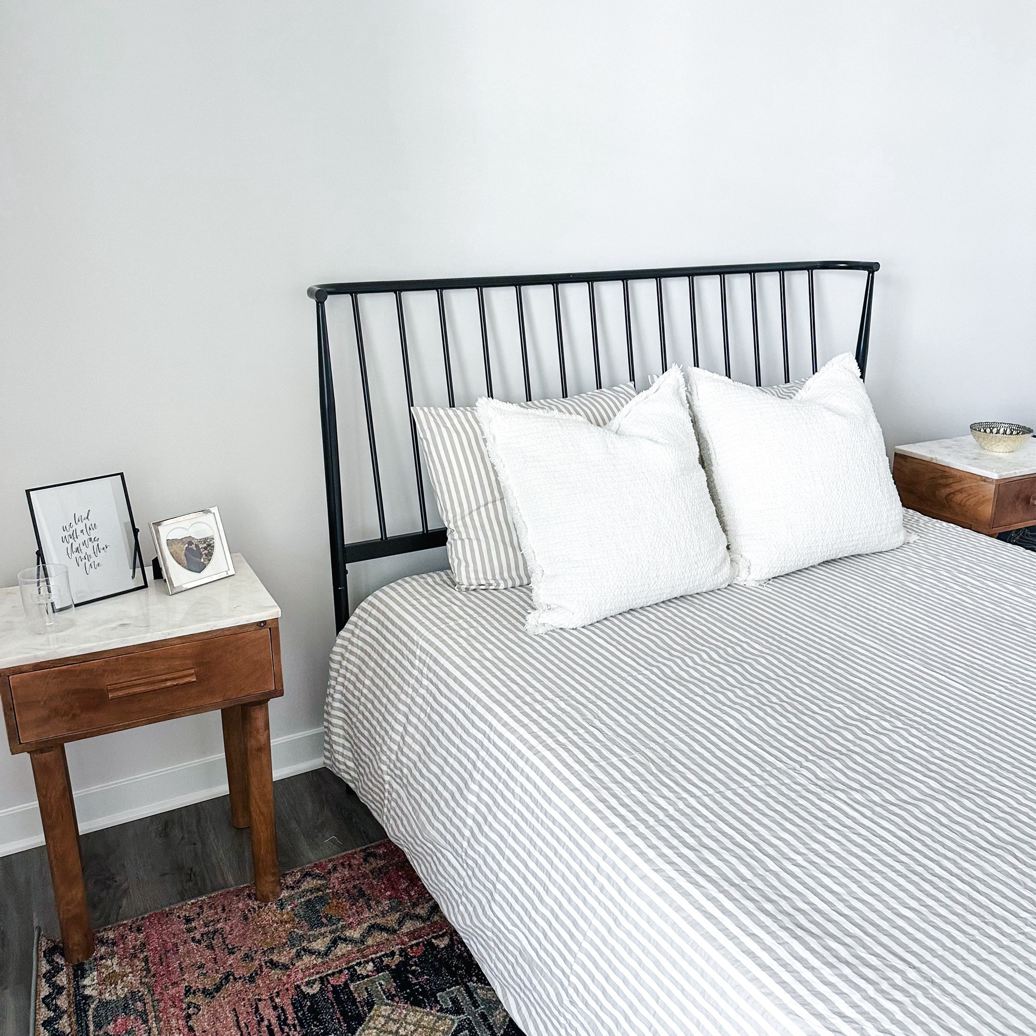 guest bedroom on a budget || duvet cover from H&M home, metal bed frame from Wayfair, end tables from HomeGoods, rug from Overstock/Bed Bath & Beyond 

#LTKHome