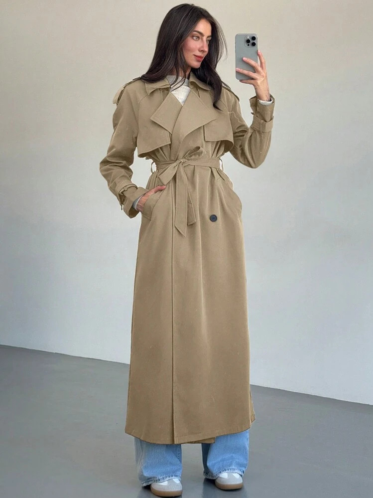 Aloruh New Warm Wind-Proof Coffee Color Versatile Extra Long Cinched Waist Double-Breasted Decora... | SHEIN