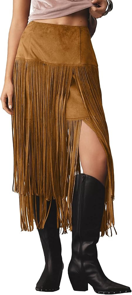 Locachy Womens Faux Suede Fringe Trim Midi Skirt Casual High Waist Bodycon Skirt | Amazon (US)