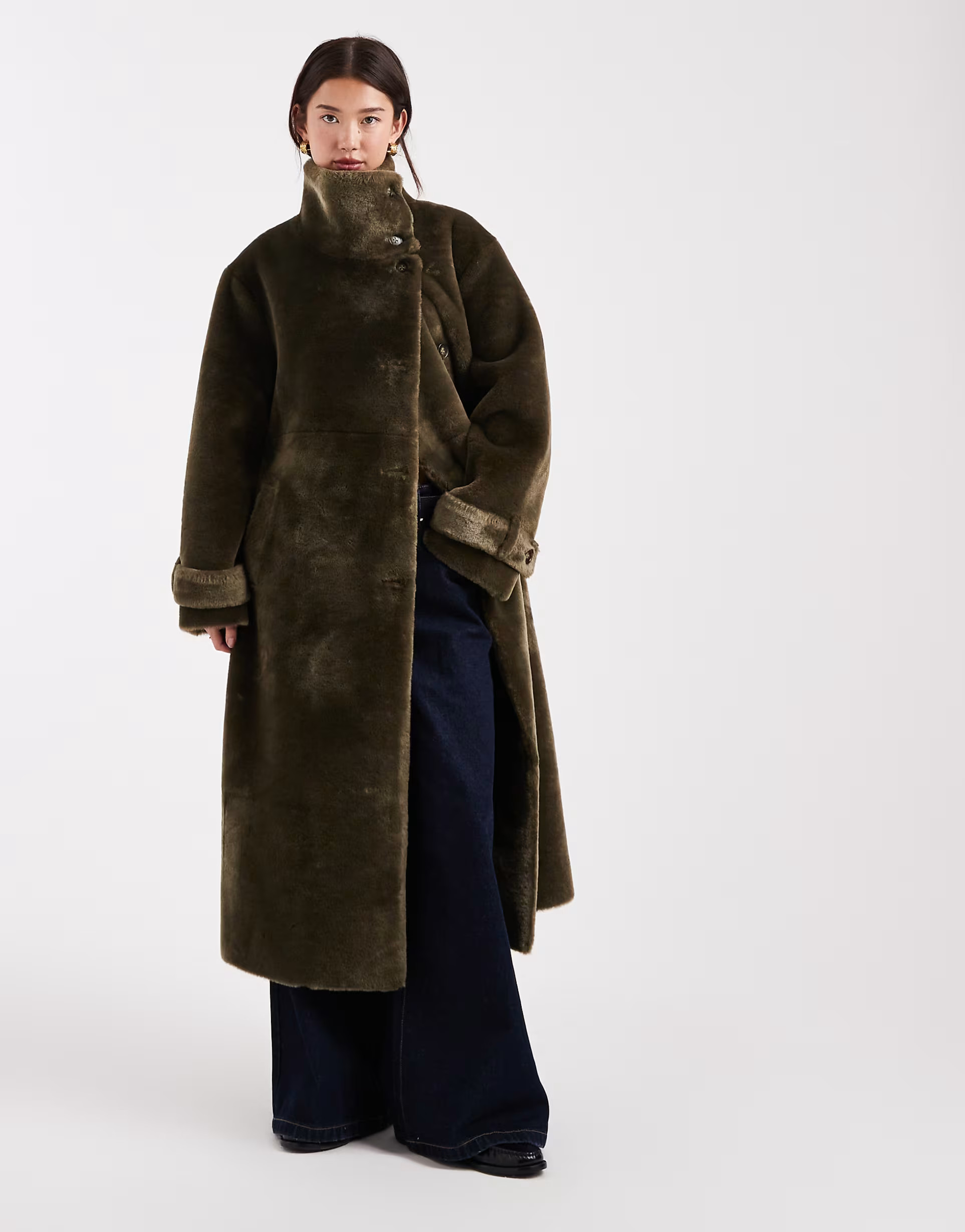 ASOS DESIGN longline cozy teddy funnel neck coat in khaki green | ASOS (Global)