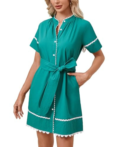 Women's Summer Shirt Dress Short Sleeve Button Down Mini Tie Waist Belted Tunic with Pockets RIC ... | Amazon (US)