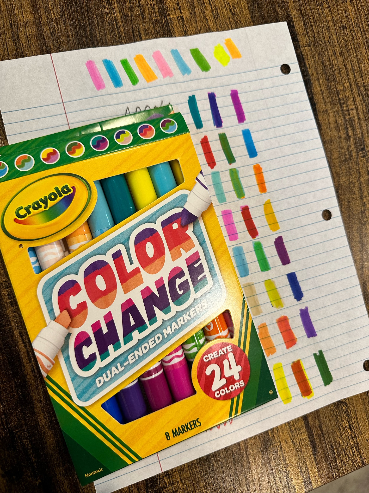 Coolest markers!! 8 markers and 24 colors. Each marker can produce three colors. Crazy cool and space saving in a pencil bag!
