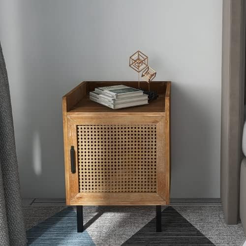 COZAYH Rustic Farmhouse Woven Fronts Nightstand, Spacious Storage End Table with 2 USB Ports, Indust | Amazon (US)