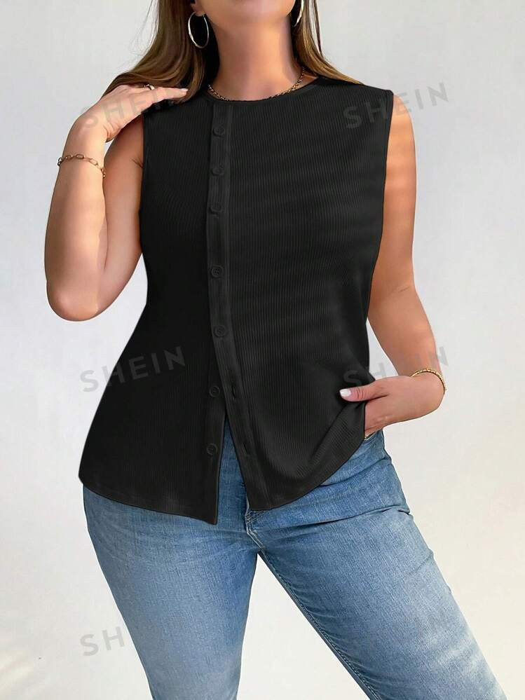 SHEIN Essnce Plus-Size Women's Black Top, Tank Vest In Autumn With Outside Top,Fall Women Clothes... | SHEIN