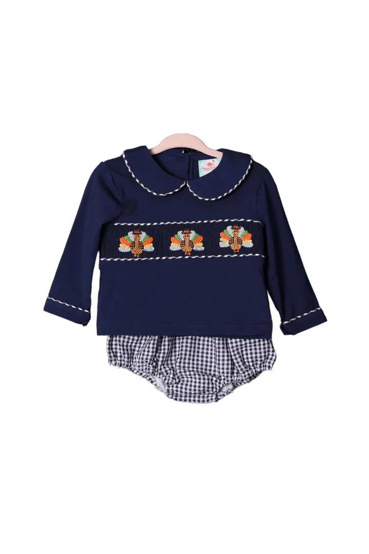 Smocked Navy Seersucker Gingham Turkey Diaper Set | The Smocked Flamingo