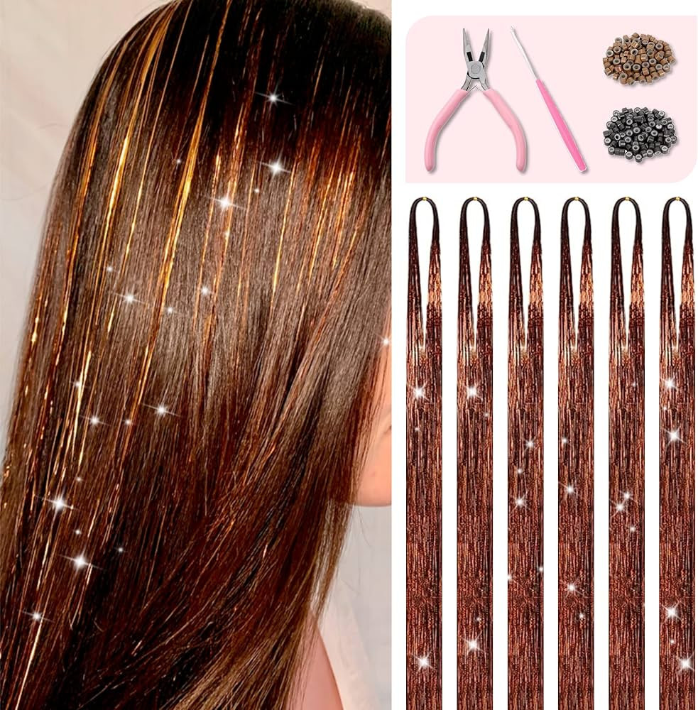 Brown Hair Tinsel Kit with Tools and Instruction Easy to Use 1200 Strands 48 Inches Glitter Tinse... | Amazon (US)