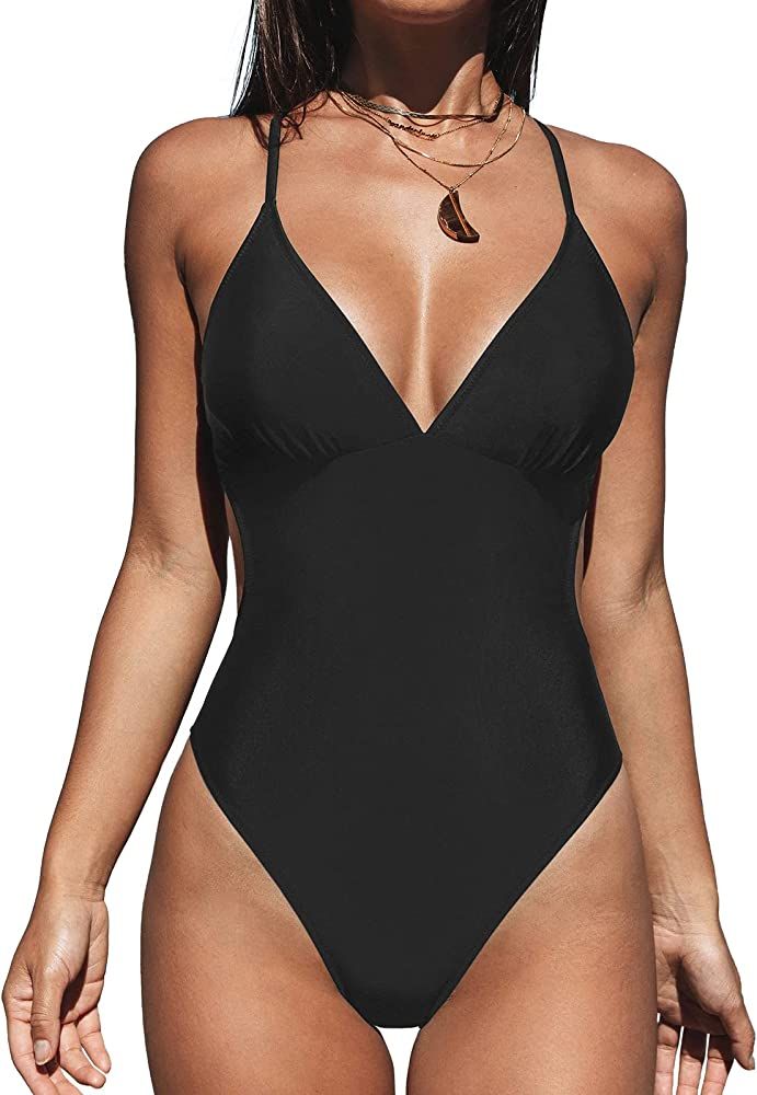 CUPSHE Women Crisscross Back Ruched One Piece Swimsuit Cut Out V Neck High Cut Thin Straps Bathin... | Amazon (US)