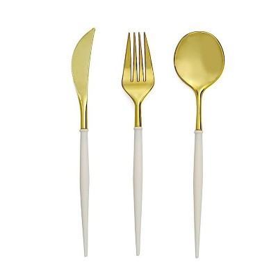 Home Collection Pack of 24 Plastic Cutlery Set Disposable Spoon Fork Knife Ivory and Gold | Target
