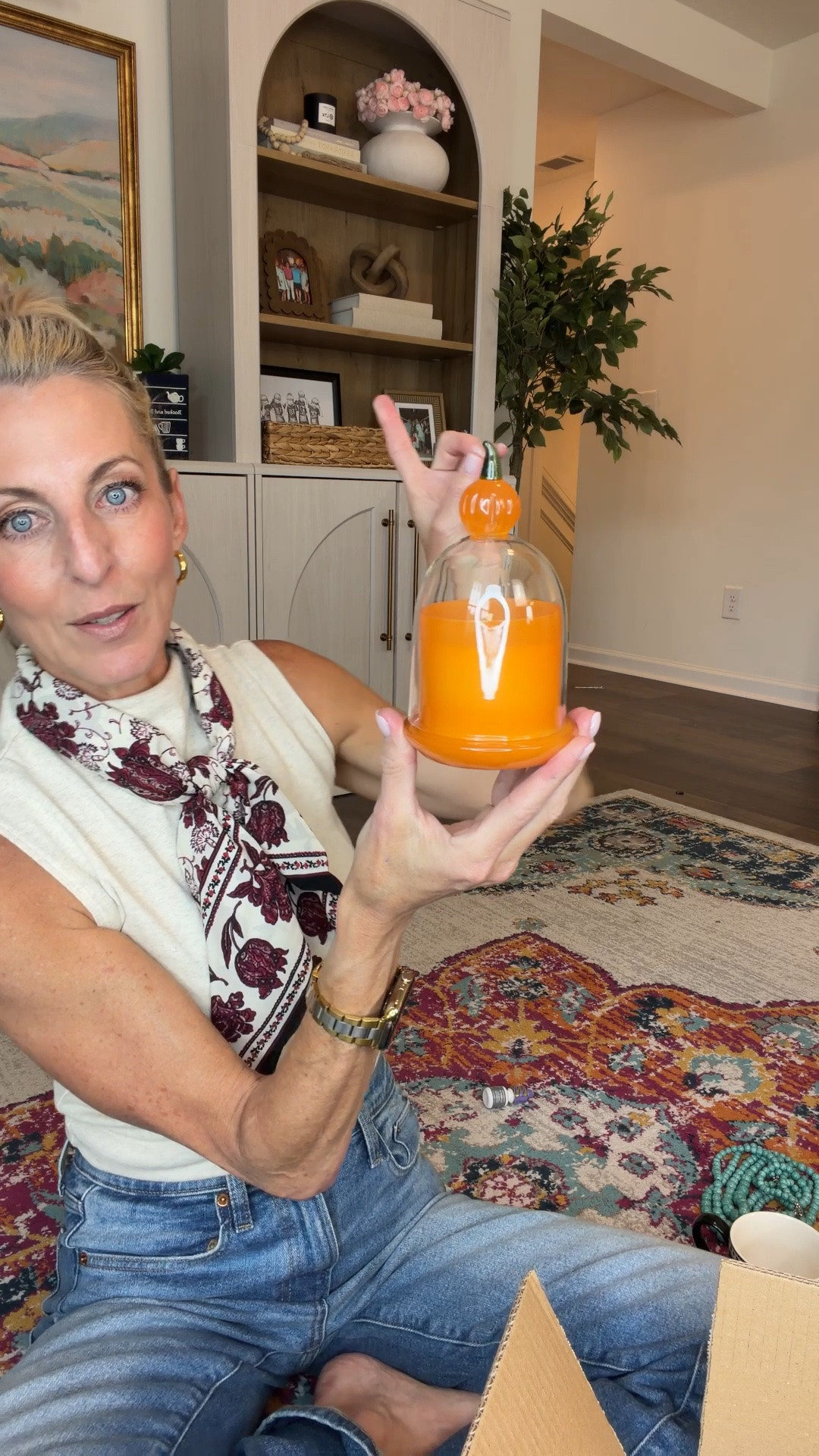 This beautiful fall pumpkin, sweet vanilla glass candle had to be edited from the video because it was getting too long, but this is on sale limited time deal less than $30. It also has a cute bat one. I will link that one too. @Anthropologie