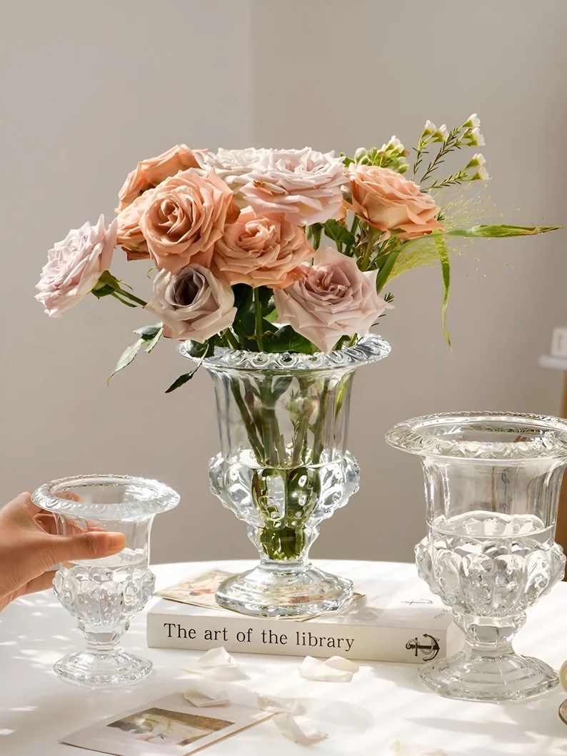 French Delicate Patterned Glass Vase, European Embossed Relief Flower Vase, Elegant Nordic Refine... | Etsy (US)