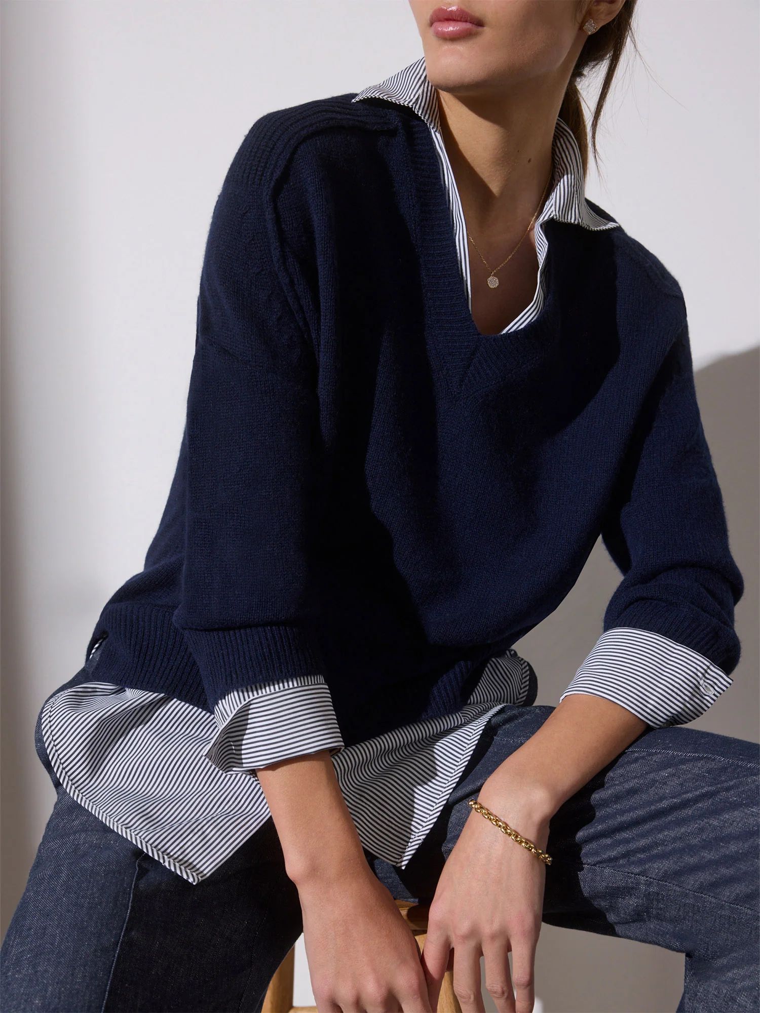 Brochu Walker | Women's Layered V-neck Pullover Sweater in Navy with Stripe Woven | Brochu Walker
