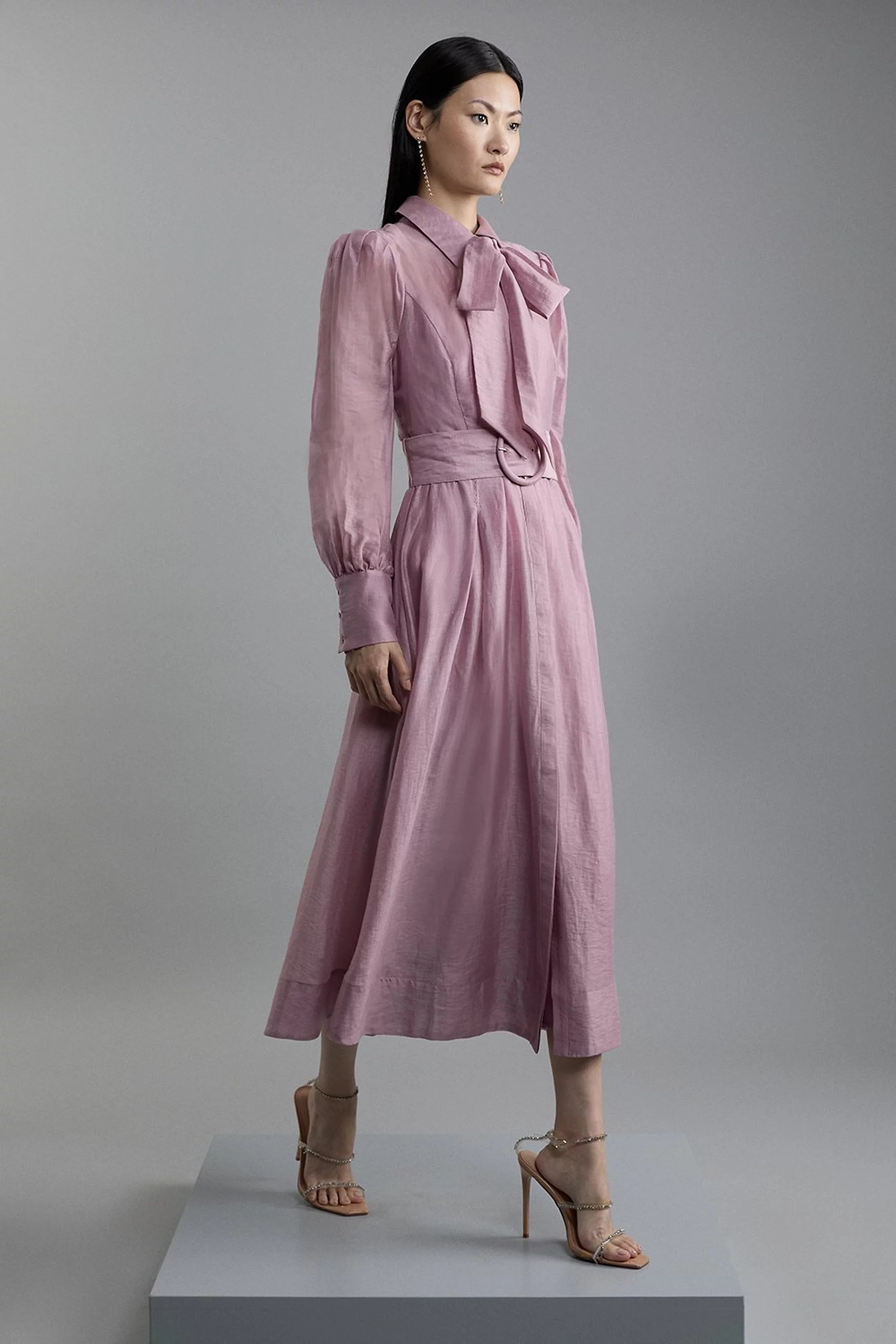 Organdie Woven Pussybow Midaxi Dress | Karen Millen | Karen Millen UK + IE + DE + NL