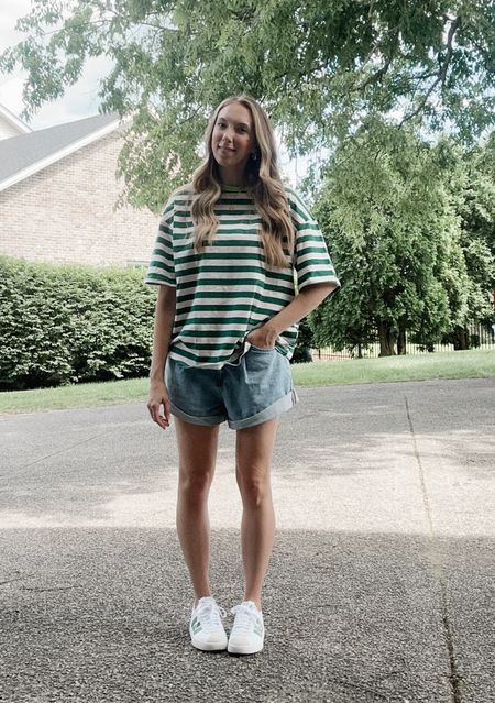 Casual cute mom outfit free people style by BarbiGia. Adidas sneaker outfits. Cuffed jean shorts. Oversized tshirt outfit



#LTKFindsUnder50 #LTKStyleTip #LTKFindsUnder100
