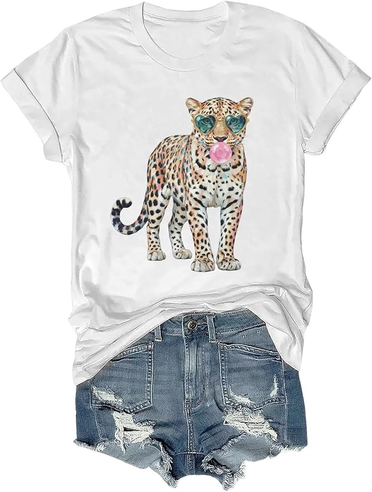 Leopard Bubblegum Sunglasses T-Shirt for Women, Cute Leopard Tee Aesthetic Summer Top | Amazon (US)