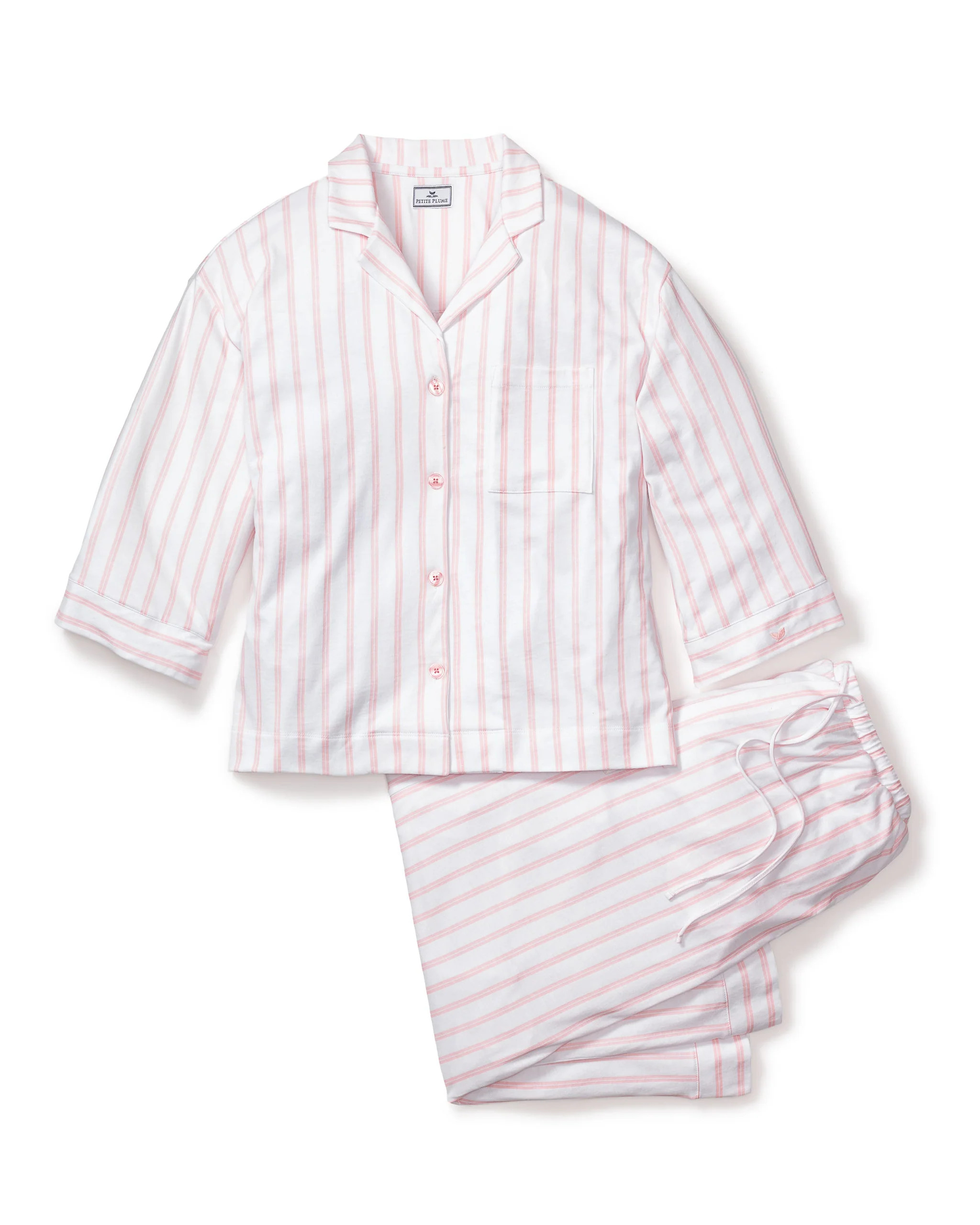The Olivia Wide Leg Pima Pajama Set in Pink Stripe | Petite Plume