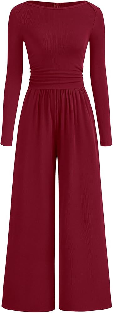 BTFBM Jumpsuits For Women One Piece Outfits Long Sleeve Stretchy Knit Wide Leg Pants Womens Jumps... | Amazon (US)