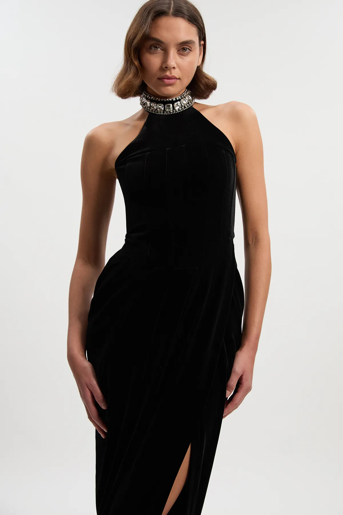 Tailored Velvet Halter Embellished Neck Midi Dress | Karen Millen US