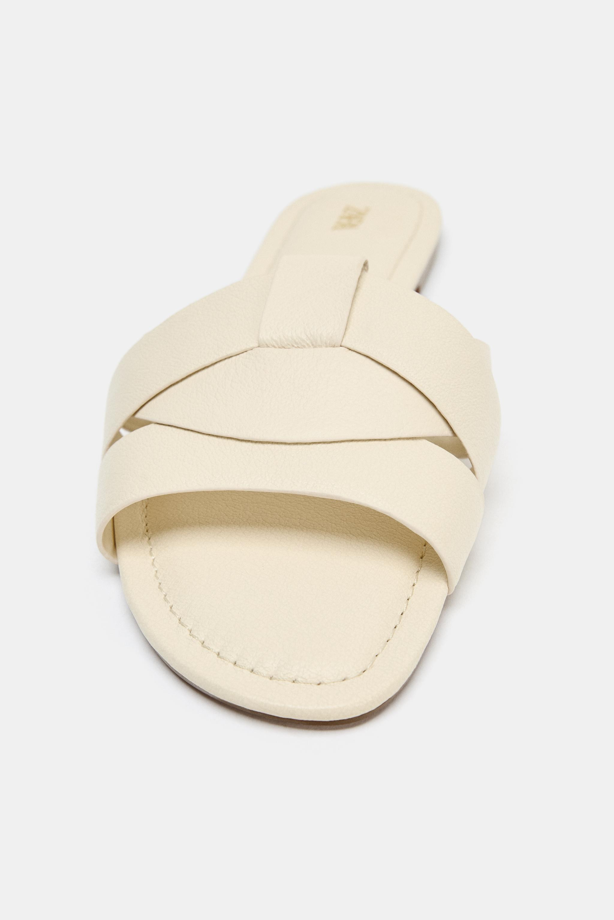 LEATHER CROSSED STRAP FLAT SANDALS | Zara US