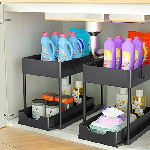 Amazon.com: 2 Pack Under Sink Organizer with Sliding Cabinet Basket, 2 Tier Multi-Purpose Under S... | Amazon (US)