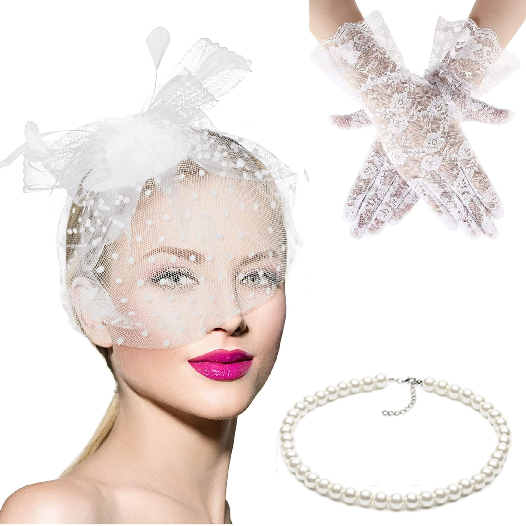 Tea Party Hats and Gloves for Women White Fascinators Hats with Veil 50s Vintage Headpiece Hair C... | Amazon (US)