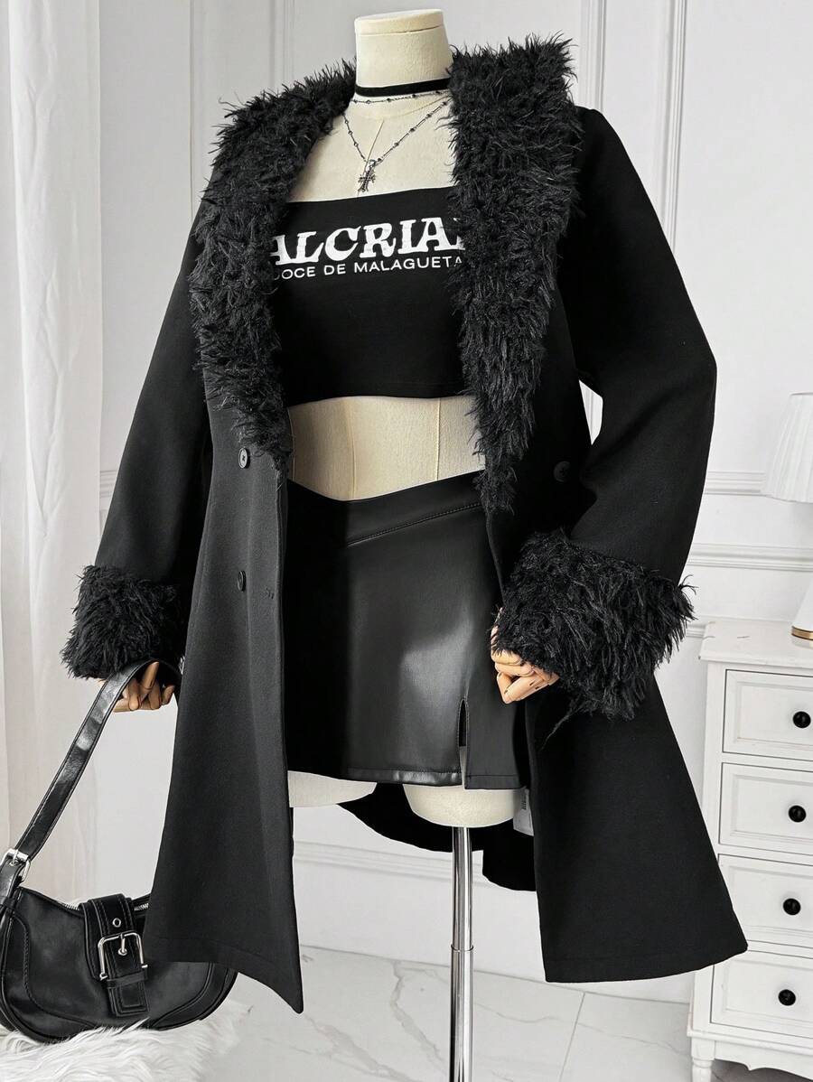 SHEIN EZwear Plus Size Women's Halloween Furry Patchwork Black Knitted Jacket | SHEIN