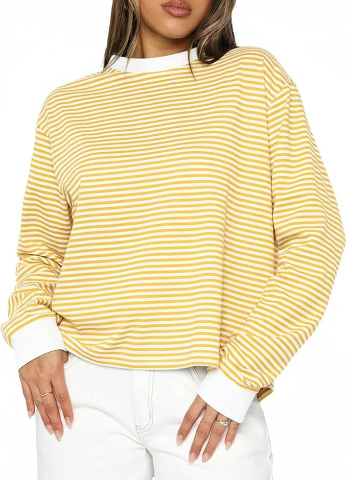 Women Oversized Long Sleeve Striped Colorblock Tee Tops Crew Neck Loose Tshirt Pullover Y2K Aesth... | Amazon (US)