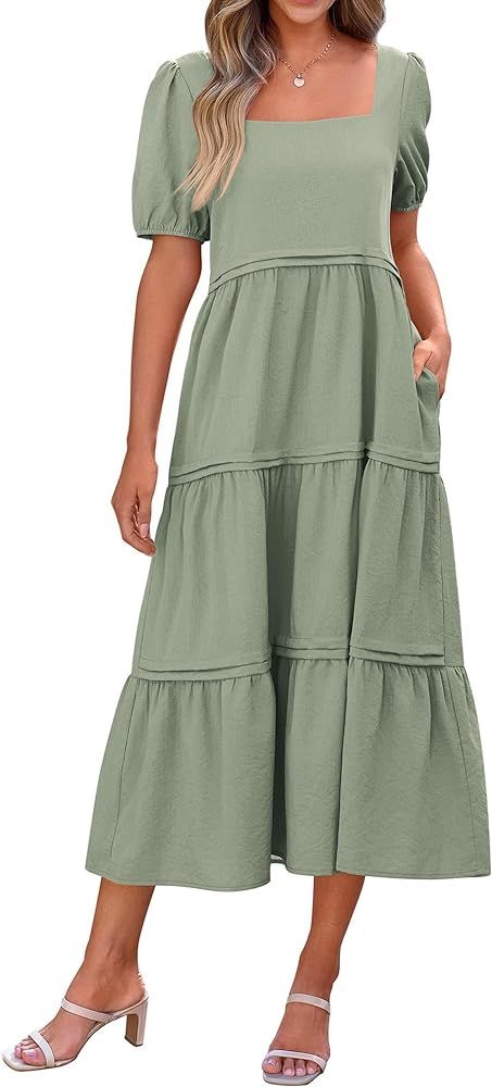 KIRUNDO Womens Summer Maxi Dress Casual Loose Puff Sleeve Square Neck Tiered Maternity Flowy Long... | Amazon (US)